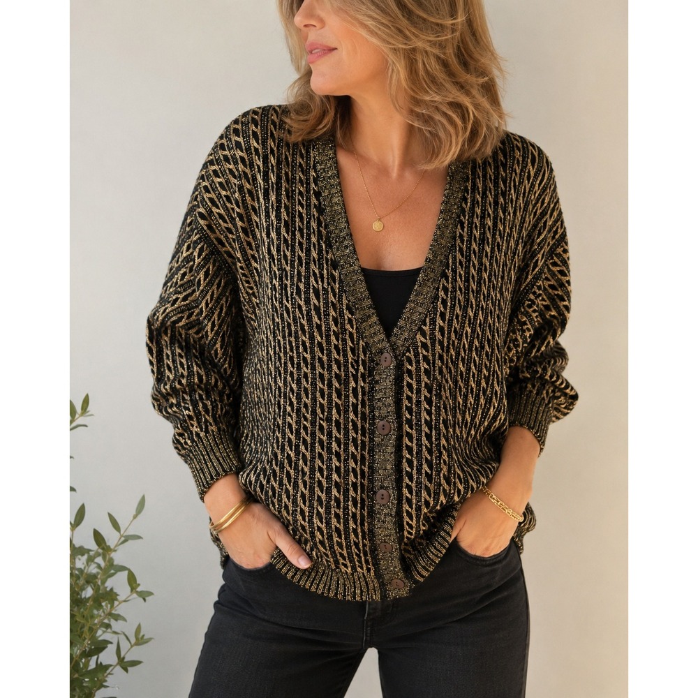 Vintage 90s Jeanne Pierre Cardigan M Black Gold Metallic Cable Knit Vintage Glam
